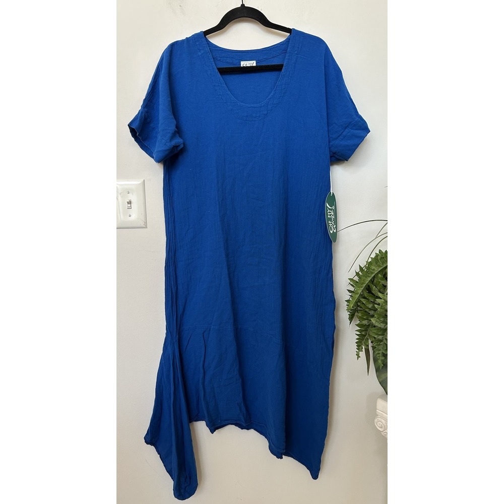NWT Oh‎ My Gauze Blue Cotton LA Dress S/M Lagenlook Boho Gauze Asymmetric Midi
